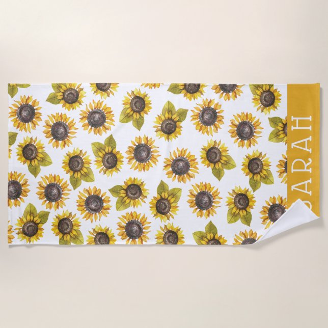 Personalized Watercolor Sunflower Beach Towel (Front)