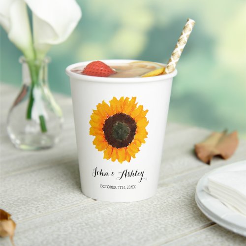 Personalized Watercolor Sunflower Fall Wedding Paper Cups