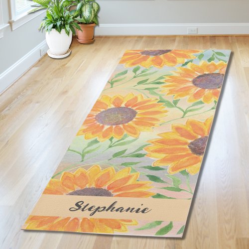  Personalized Watercolor Sunflower Leaves Yoga Mat