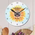 Personalized Watercolor Sunflower Round Clock<br><div class="desc">This floral walk clock is decorated with a watercolor yellow sunflower and blue sky background. Makes a perfect housewarming gift. Easily customizable. Use the Design Tool to change the text size, style, or color. As we create our artwork you won't find this exact image from other designers. Original Watercolor ©...</div>