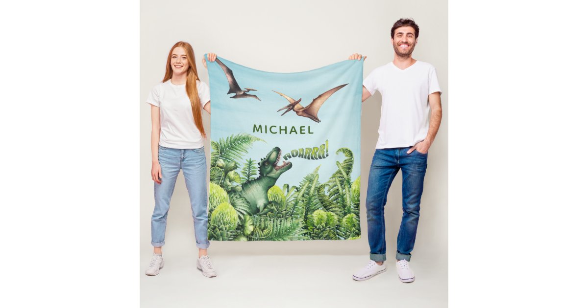 Personalized Watercolor T-Rex Dinosaur Kids' Fleece Blanket | Zazzle