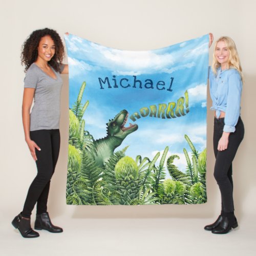 Personalized Watercolor T_Rex Dinosaur Kids Fleece Blanket
