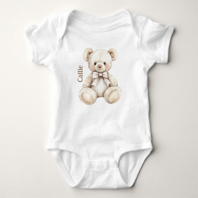 Personalized Watercolor Teddy Bear Baby Bodysuit (Front)