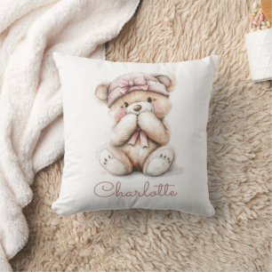 Personalized Watercolor Teddy Bear Girl Pink Bow Throw Pillow
