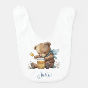 Personalized Watercolor Teddy Bear Honey Pot Boy Baby Bib