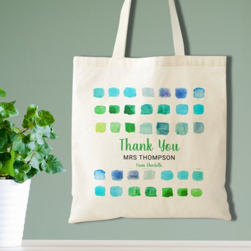Personalized Watercolor Thank You Teacher Green Tote Bag