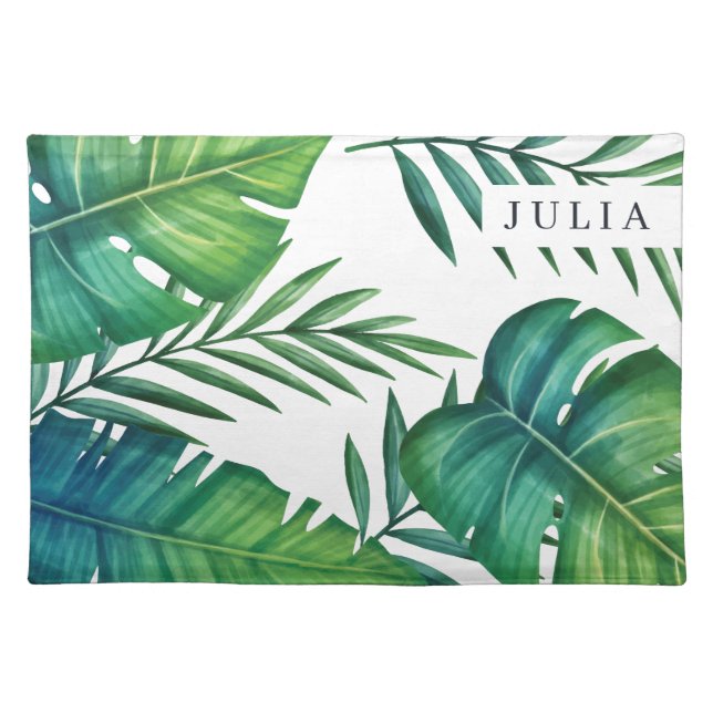 Personalized Watercolor Tropical Leaves Cloth Placemat (Front)