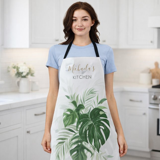 Personalized Watercolor Tropical Leaves Greenery Apron (Creator Uploaded)