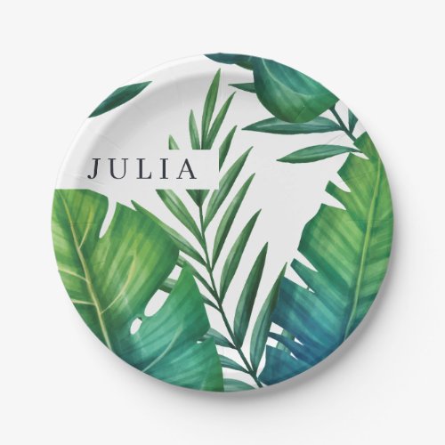 Personalized Watercolor Tropical Leaves Paper Plates