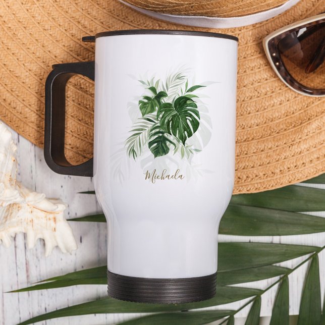 Personalized Watercolor Tropical Leaves Travel Mug (Creator Uploaded)