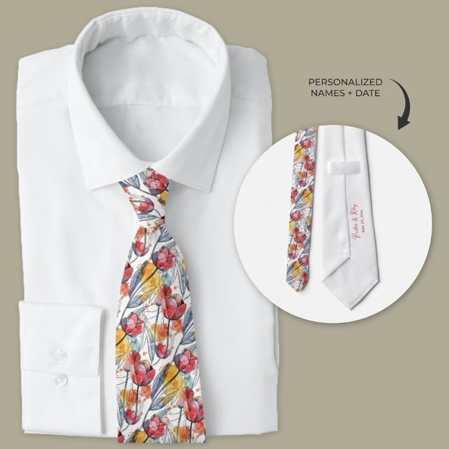 Personalized Watercolor Tulip Neck Tie (floral tulip watercolor personalized groomsmen neckties)