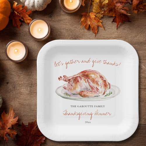 Personalized Watercolor Turkey Thanksgiving Dinner Paper Plates