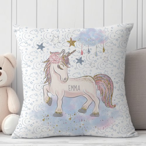 Personalized Watercolor Unicorn Dream Cloud Throw Pillow
