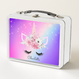Personalized Watercolor Unicorn Floral Metal Lunch Box