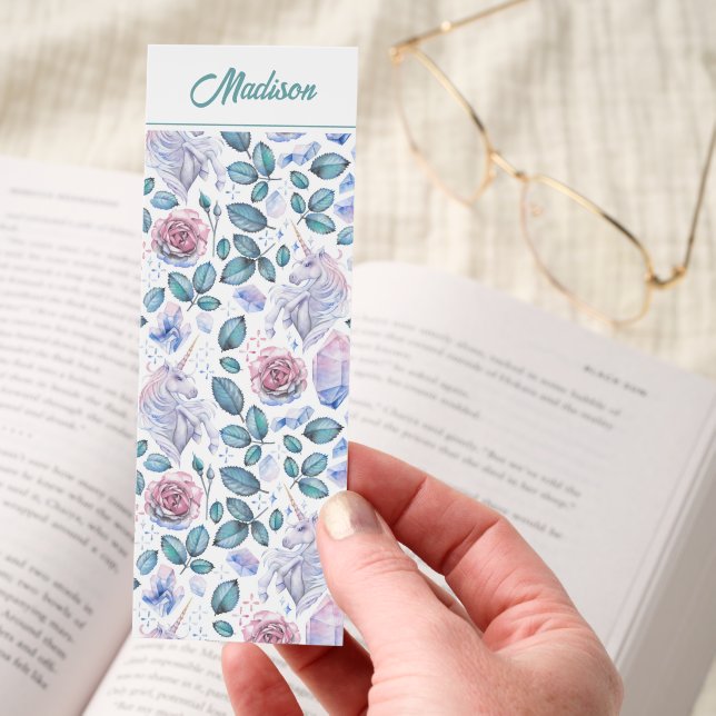 Personalized Watercolor Unicorn, Roses & Crystals Bookmarks (Hand)