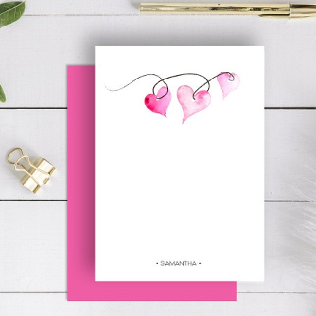 Personalized Watercolor Valentines Stationery Note Card (Personalized valentine's stationery features watercolor pink hearts by Victoria Grigaliunas )