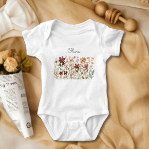Personalized Watercolor Vintage Wildflower Floral Baby Bodysuit