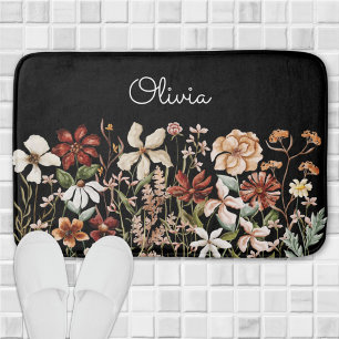 Personalized Watercolor Vintage Wildflower Floral Bath Mat