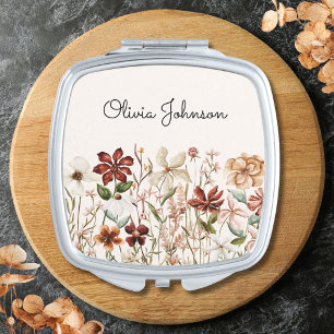 Personalized Watercolor Vintage Wildflower Floral Compact Mirror