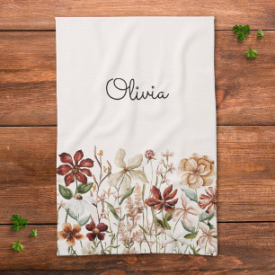 Personalized Watercolor Vintage Wildflower Floral Kitchen Towel