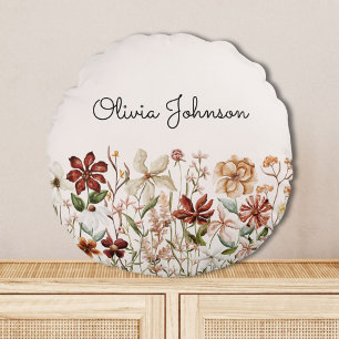 Personalized Watercolor Vintage Wildflower Floral Round Pillow