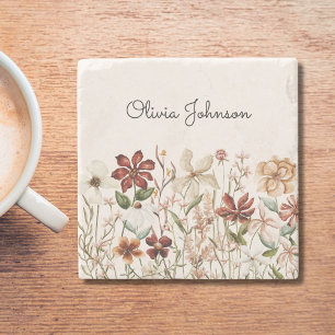 Personalized Watercolor Vintage Wildflower Floral Stone Coaster