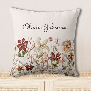 Personalized Watercolor Vintage Wildflower Floral Throw Pillow