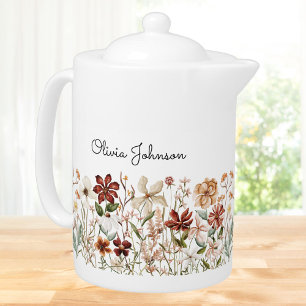 Personalized Watercolor Vintage Wildflower Meadow Teapot