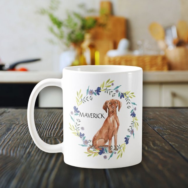 Personalized Watercolor Vizsla  Spring Wreath Coffee Mug (Hungarian Viszla dog portrait inside frame of watercolor wreath.)
