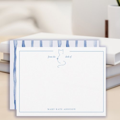 Personalized Watercolor Wavy Blue Stripes | Cat Note Card