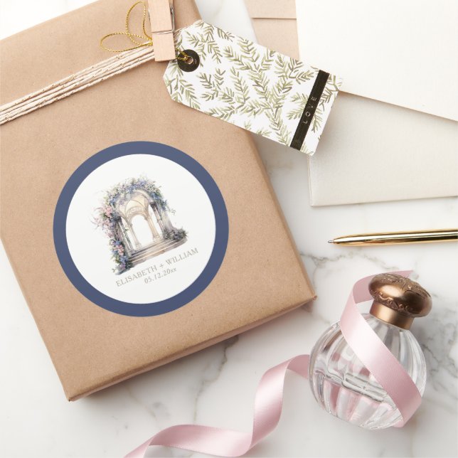 Personalized Watercolor Wedding Floral Arch Classic Round Sticker (Gifting)