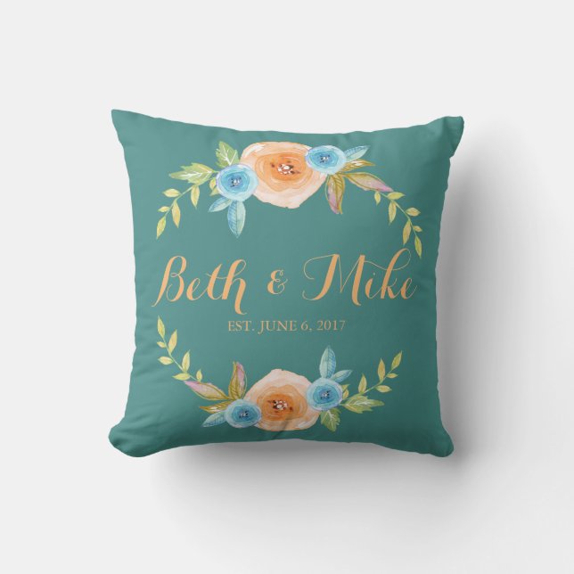 Personalized Watercolor Wedding Throw Pillow (Front)