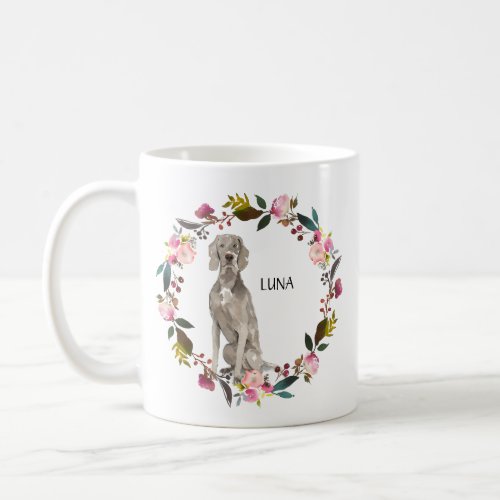 Personalized Watercolor Weimaraner Rose Wreath Coffee Mug