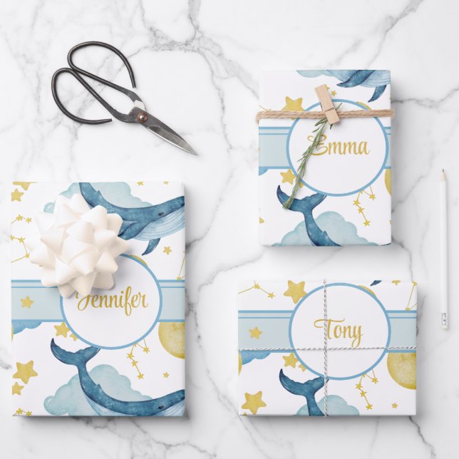 Personalized Watercolor Whales Kids Names Wrapping Paper Sheets (Front)