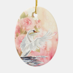 Personalized Watercolor White Swan and Roses Ceramic Ornament
