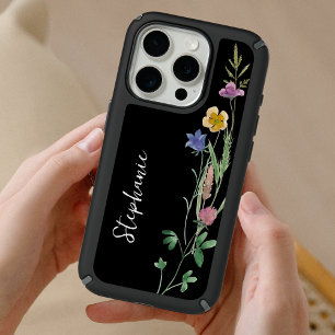 Personalized Watercolor Wildflower Black iPhone 15 Pro Case