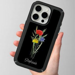 Personalized Watercolor Wildflower Black  iPhone 15 Pro Case