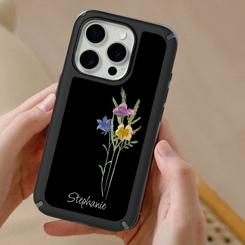 Personalized Watercolor Wildflower Black  iPhone 15 Pro Case