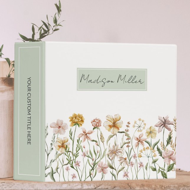 Personalized Watercolor Wildflower Meadow Floral 3 Ring Binder (In situ)