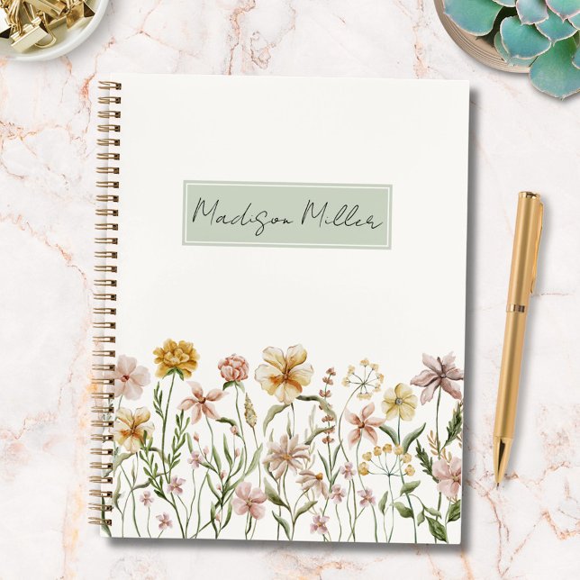 Personalized Watercolor Wildflower Meadow Floral Notebook (In situ)
