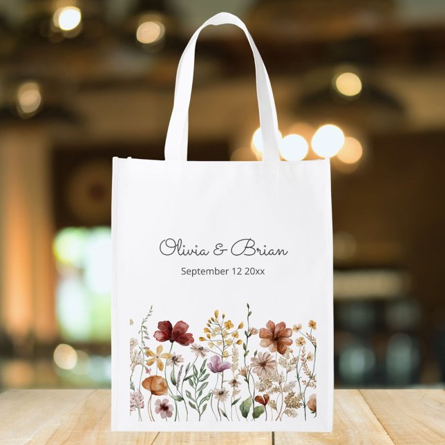 Personalized Watercolor Wildflower Pretty Floral Grocery Bag (In situ)