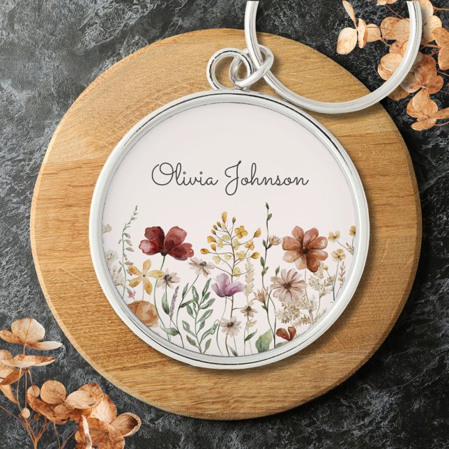 Personalized Watercolor Wildflower Pretty Floral Keychain (Close up)