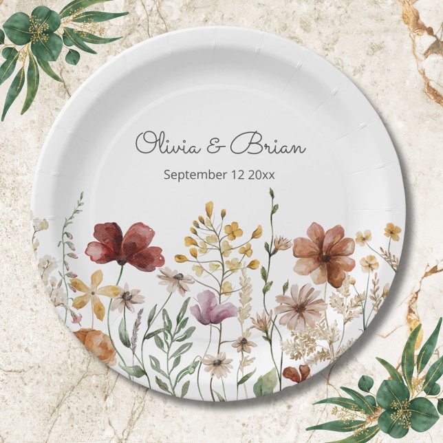 Personalized Watercolor Wildflower Pretty Floral Paper Plates (Close up)