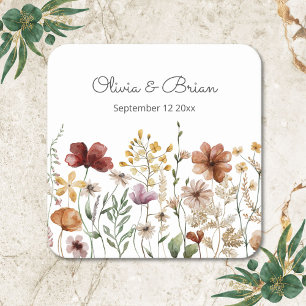Personalized Watercolor Wildflower Pretty Floral Square Paper Coaster