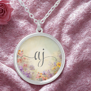 Personalized Watercolor Wildflowers Monogram Silver Plated Necklace