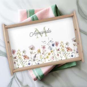 Personalized Watercolor Wildflowers with Monogram Serving Tray