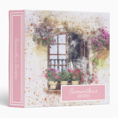 Personalized Watercolor Window and Flowers Recipe 3 Ring Binder