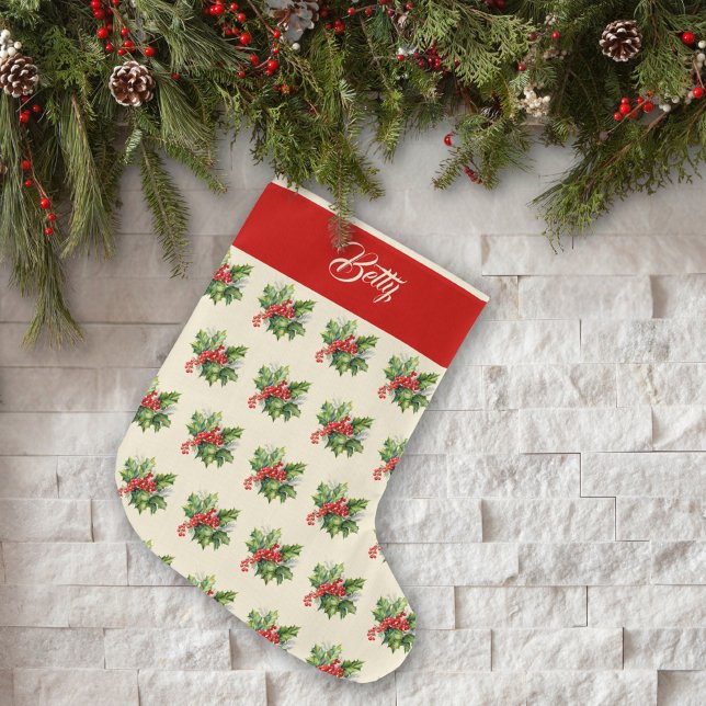 Personalized Watercolor Winter Foliage Scandinavan Large Christmas Stocking (Creator Uploaded)