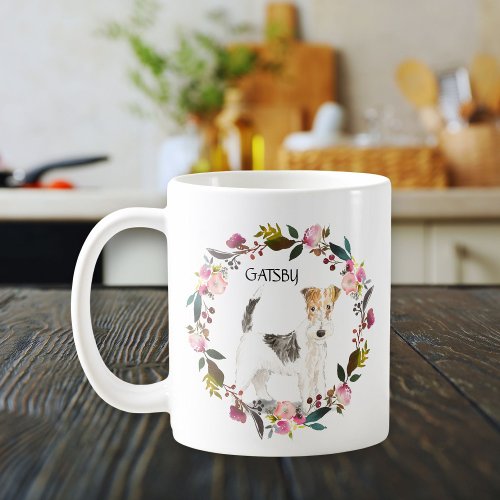 Personalized Watercolor Wire Terrier Rose Wreath Coffee Mug