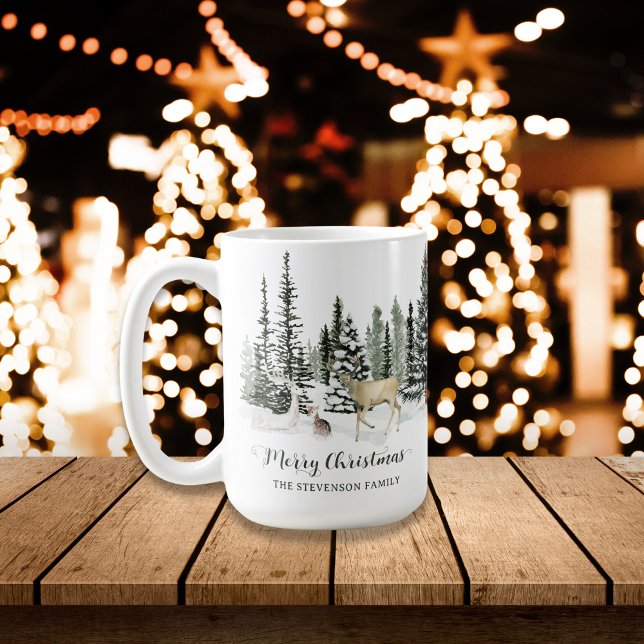 Personalized Watercolor Woodland Merry Christmas Coffee Mug (Personalized Watercolor Woodland Merry Christmas Coffee Mug)